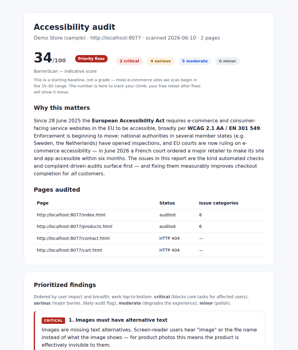 Sample BarrierScan audit report showing a 39/100 score, severity breakdown, and prioritized findings with fix instructions